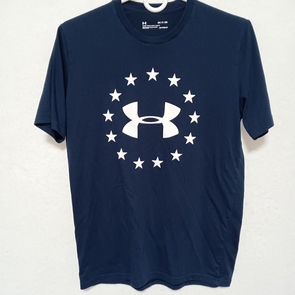 Under Armour HeatGear T Shirt Mens Small Blue USA Flag Logo Graphic Athletic Tee